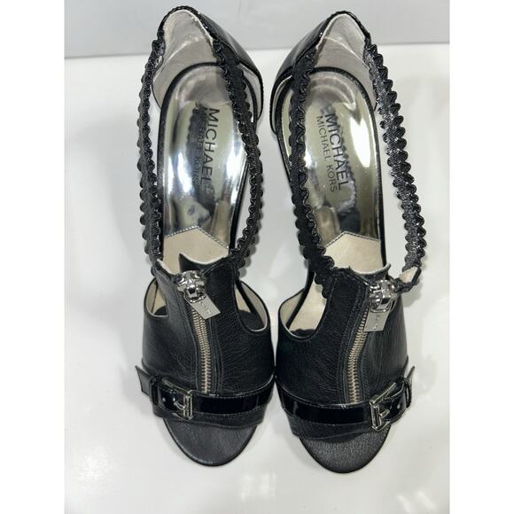 Michael Kors Womens Sandal Size 8.5 MBlack Leather Wedge Heel Zip Up Ankle Strap - Picture 2 of 7